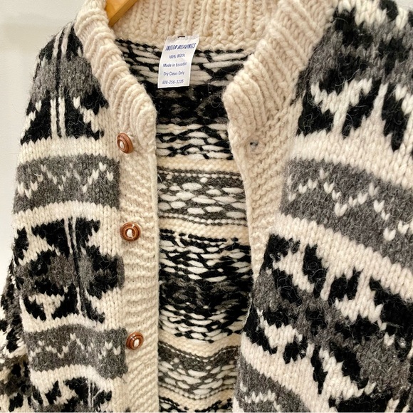 Vintage Wool Fair Isle Winter Tribal Chunky Cardigan Sweater in Cream/Black/Gray - Picture 3 of 6